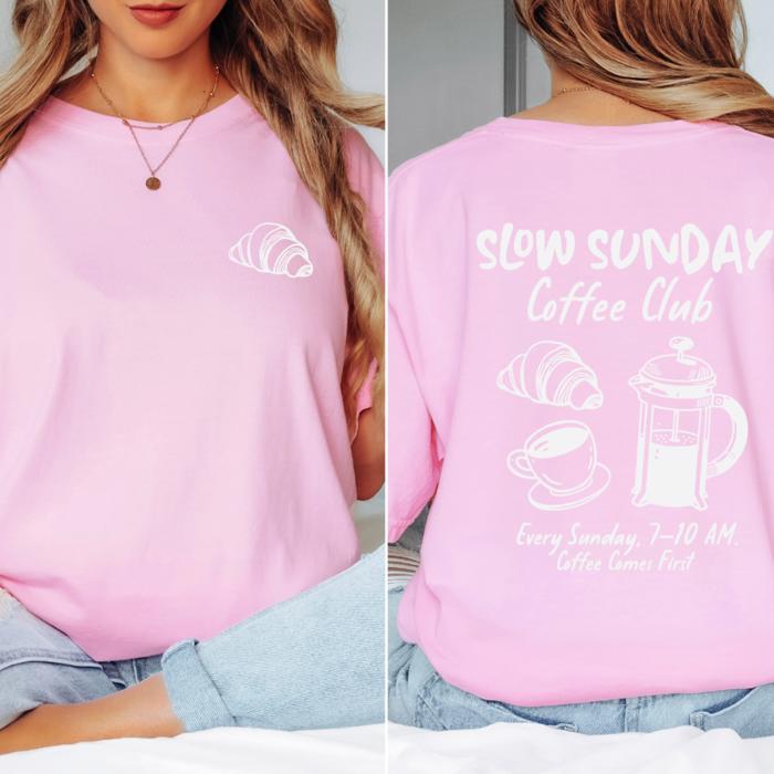 Slow Sunday Coffee Club Graphic Tee – Comfort Colors T-Shirt for Women, Cozy Oversized Fit, Relaxed Vintage Style