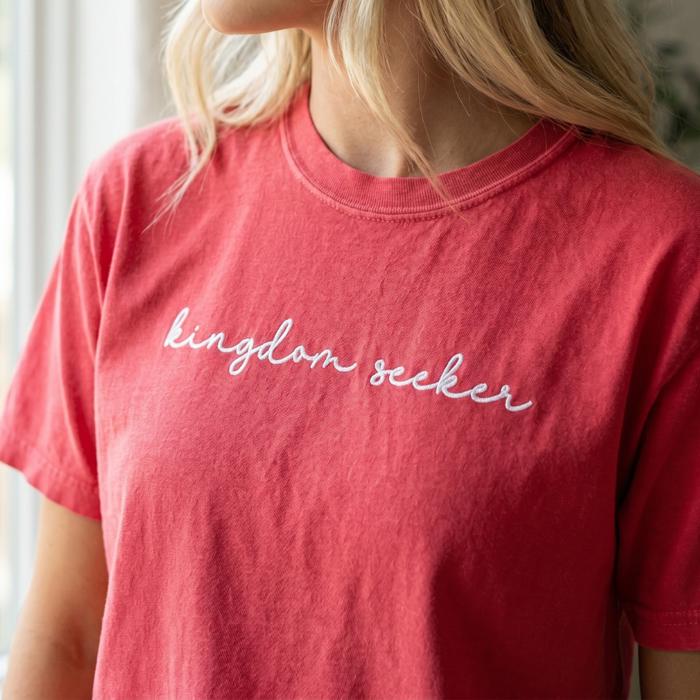 Kingdom Seeker Embroidered Christian T-Shirt for Women, Faith Based Comfort Colors Tee, Minimal Christian Apparel
