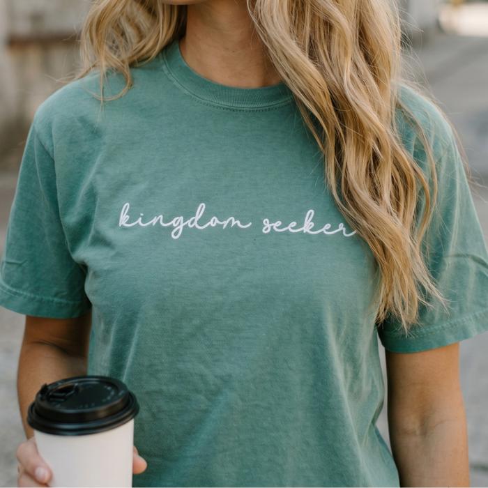 Kingdom Seeker Embroidered Christian T-Shirt for Women, Faith Based Comfort Colors Tee, Minimal Christian Apparel