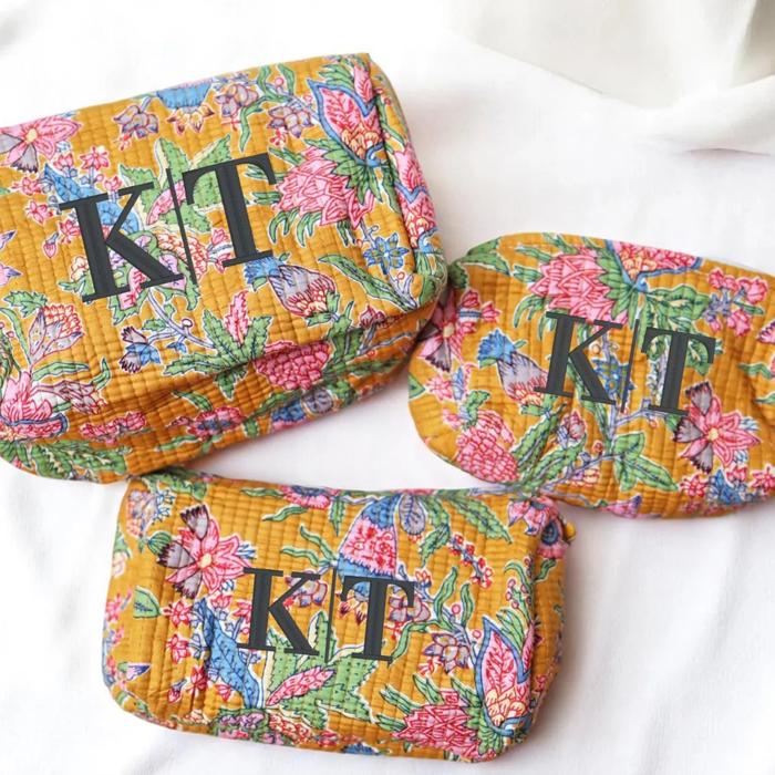 Personalized Block Pattern Floral Makeup Bag, Custom Gift, Embroidered Quilted Toiletry Pouch, Travel Cosmetic Case Gift