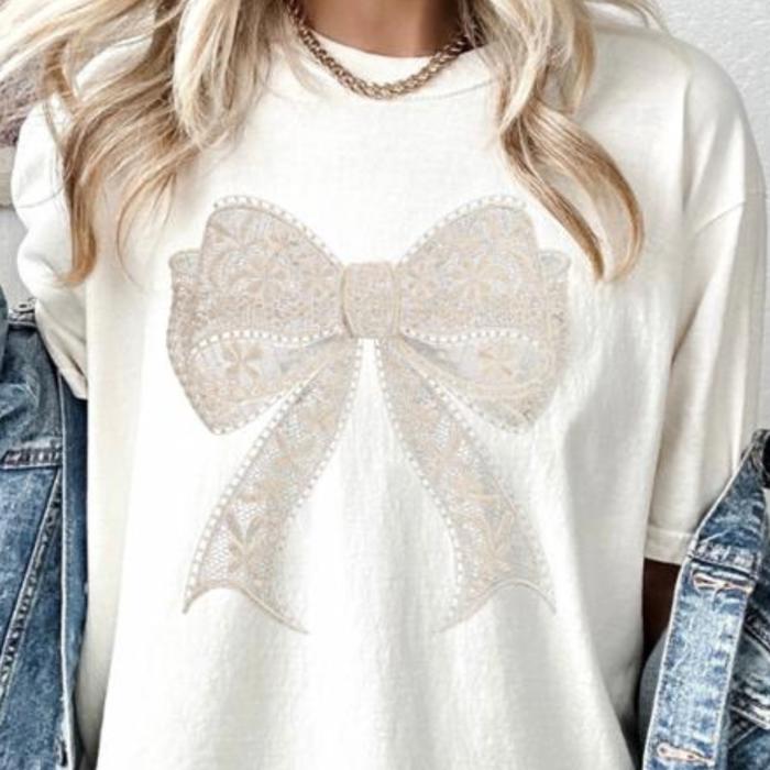 Lace Bow Graphic Comfort Colors Tee – Cute Coquette Aesthetic Shirt for Women, Trendy Feminine Bow Tee for Everyday Style