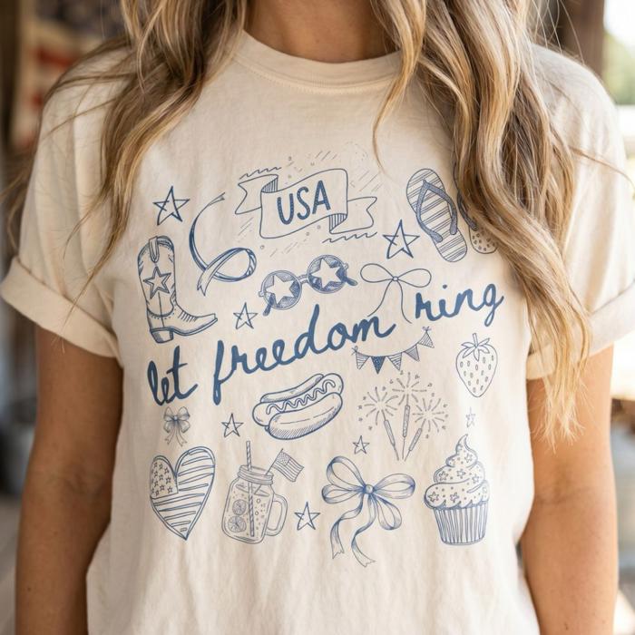Let Freedom Ring Doodle Graphic Tee, Fourth of July Shirt Women, Patriotic Summer Tee, USA Sketch Shirt, Cute 4th of July Outfit, American Holiday Shirt, Patriotic Tee Gift