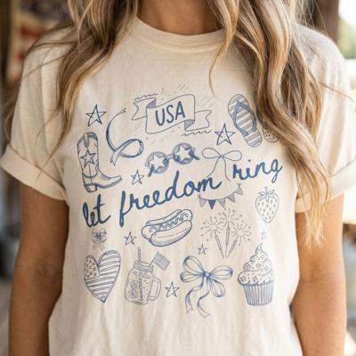 Let Freedom Ring Doodle Graphic Tee, Fourth of July Shirt Women, Patriotic Summer Tee, USA Sketch Shirt, Cute 4th of July Outfit, American Holiday Shirt, Patriotic Tee Gift