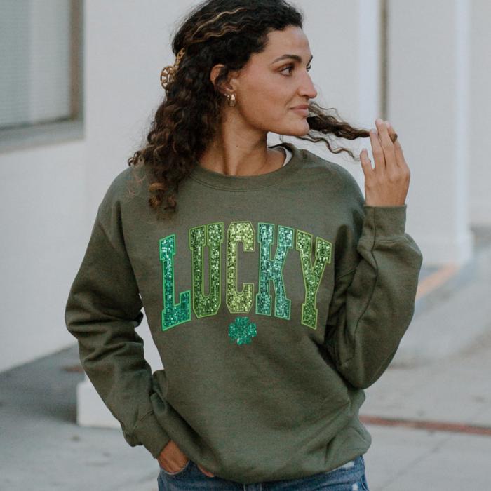 Lucky Faux Texture Sequin St. Patrick's Day Sweatshirt – Cute Green Crewneck for Women, Trendy Sparkle-Inspired St. Paddy’s Day Outfit