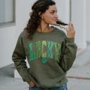  Lucky Faux Texture Sequin St. Patrick's Day Sweatshirt – Cute Green Crewneck for Women, Trendy Sparkle-Inspired St. Paddy’s Day Outfit