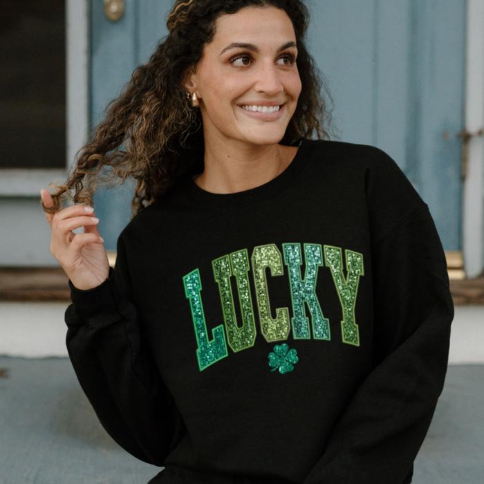 Lucky Faux Texture Sequin St. Patrick's Day Sweatshirt – Cute Green Crewneck for Women, Trendy Sparkle-Inspired St. Paddy’s Day Outfit