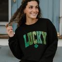  Lucky Faux Texture Sequin St. Patrick's Day Sweatshirt – Cute Green Crewneck for Women, Trendy Sparkle-Inspired St. Paddy’s Day Outfit