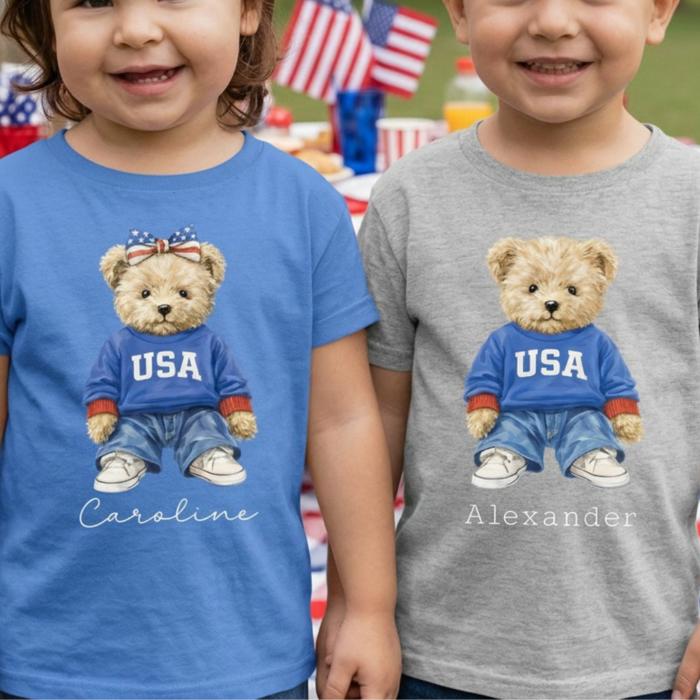 Personalized Kids USA Bear Shirt, Custom Name Toddler Tee, Boy or Girl Bear Patriotic Shirt, Fourth of July Kids Outfit, Cute USA Graphic Tee