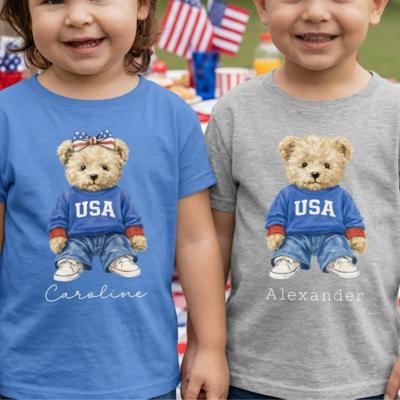 Personalized Kids USA Bear Shirt, Custom Name Toddler Tee, Boy or Girl Bear Patriotic Shirt, Fourth of July Kids Outfit, Cute USA Graphic Tee