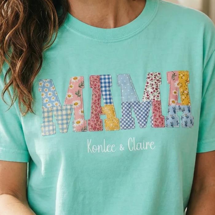 Mama Nana Mimi Gigi Memaw Faux Patchwork Graphic Tee, Patchwork Printed Design Shirt, Personalized Name Grandma Shirt, Custom Mom Tee