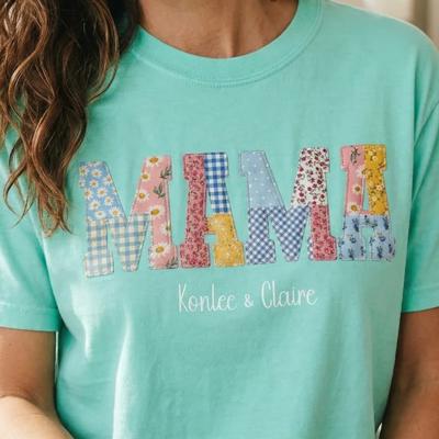 Mama Nana Mimi Gigi Memaw Faux Patchwork Graphic Tee, Patchwork Printed Design Shirt, Personalized Name Grandma Shirt, Custom Mom Tee