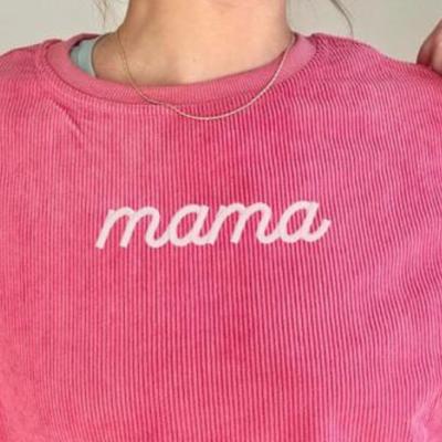 Embroidered Mama Corded Sweatshirt Crewneck Oversized, Mom to Be Gift, Sleeve Text, Personalized Gifts, Trendy Crewnecks for Women Mom Gifts