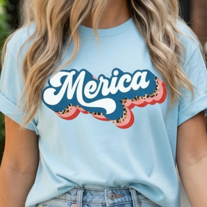 Merica Patriotic Leopard Print Graphic Tee, Fourth of July Shirt, American Outfit for Her, Independence Day Tee, Summer USA Shirt, Casual Women’s Top