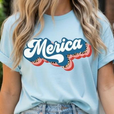 Merica Patriotic Leopard Print Graphic Tee, Fourth of July Shirt, American Outfit for Her, Independence Day Tee, Summer USA Shirt, Casual Women’s Top