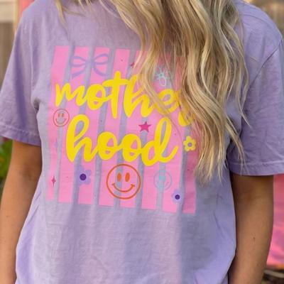 Motherhood Retro Striped Graphic Tee, Cute Mama Shirt, Mother's Day Gift for Her, Mom Outfit, New Mom Gift,  Best Mama Tee, Mom Life Shirt
