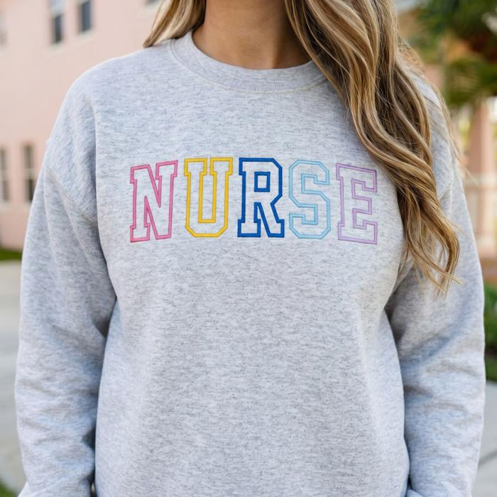 Nurse Embroidered Varsity Crewneck Sweatshirt, Nurse Appreciation Gift, Cute Nurse Sweatshirt, Nursing School Outfit, Nurse Life Crewneck, Gift for Nurse, RN Gift