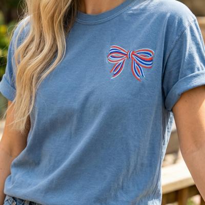 Embroidered Patriotic Bow Tee, USA Ribbon Shirt, Fourth of July Outfit, American Pride Top, Cute Summer Graphic Tee, Gift for Her