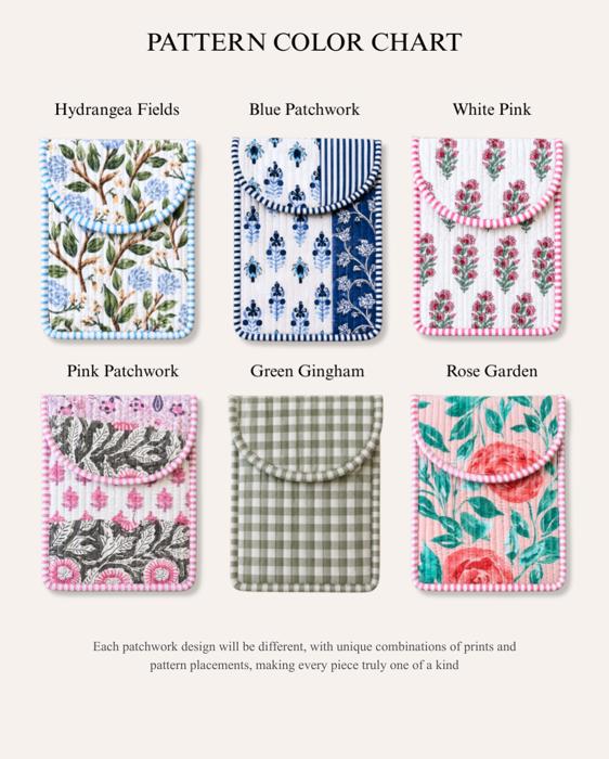 Floral Patchwork Quilted Kindle Sleeve, Padded iPad Mini Case, Cotton Storage Pouch, Magnetic Closure E Reader Cover, Travel Organizer, Small Tech Accessory Bag
