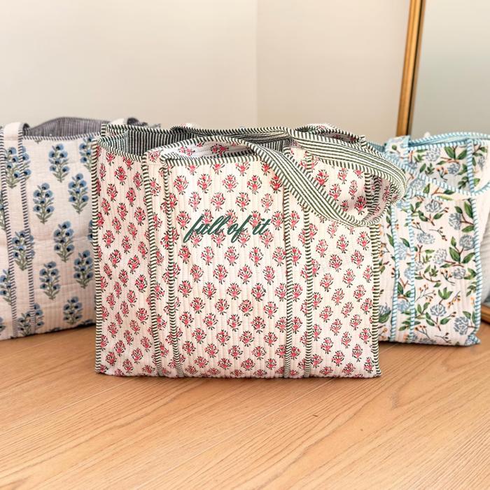 Embroidered Cotton Quilted Bag, Floral Print Tote Bag for Women, Coastal Garden Travel Bag, Handmade Shoulder Purse, Large Floral Weekender