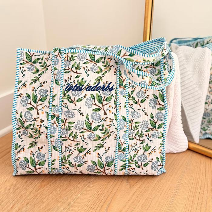 Embroidered Cotton Quilted Bag, Floral Print Tote Bag for Women, Coastal Garden Travel Bag, Handmade Shoulder Purse, Large Floral Weekender