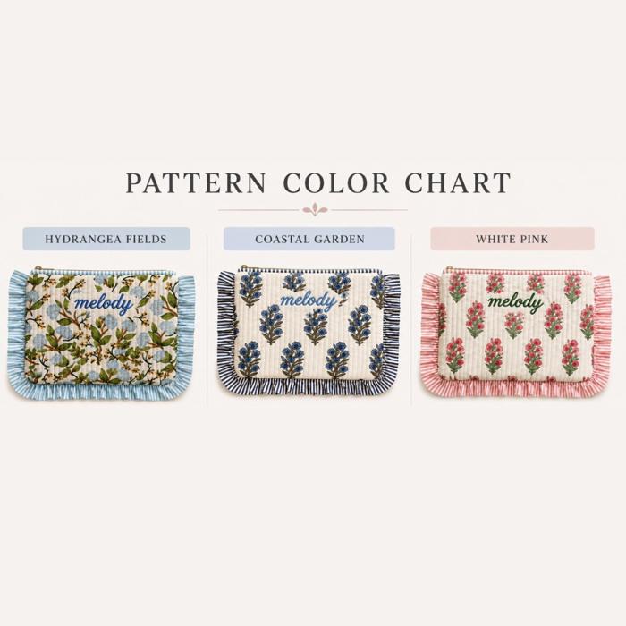 Personalized Floral Quilted Ruffle Pouch, Custom Embroidered Makeup Bag, Patchwork Cosmetic Case, Zipper Travel Pouch, Monogram Gift for Her, Floral Toiletry Bag