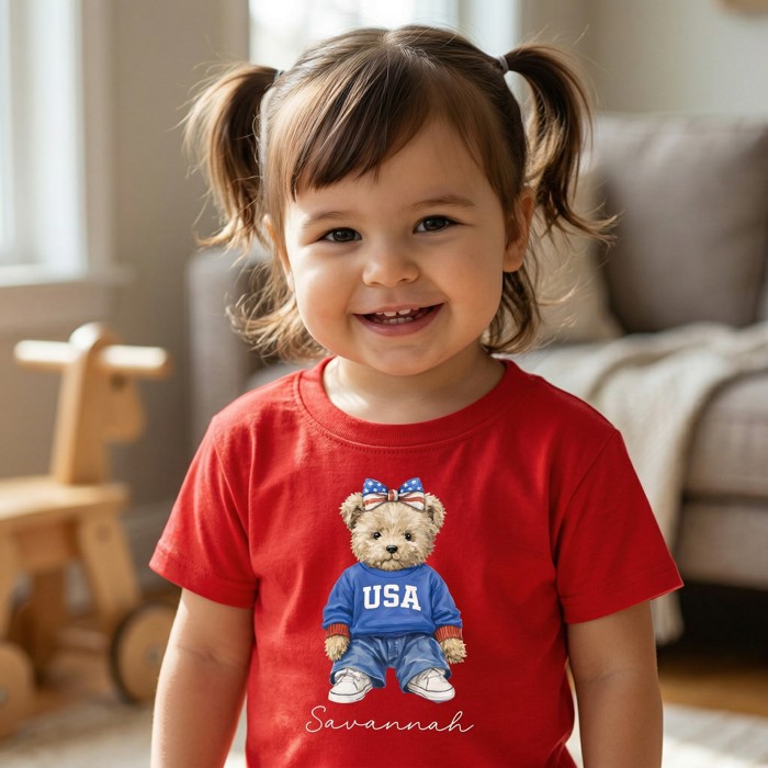 Personalized Kids USA Bear Shirt, Custom Name Toddler Tee, Boy or Girl Bear Patriotic Shirt, Fourth of July Kids Outfit, Cute USA Graphic Tee