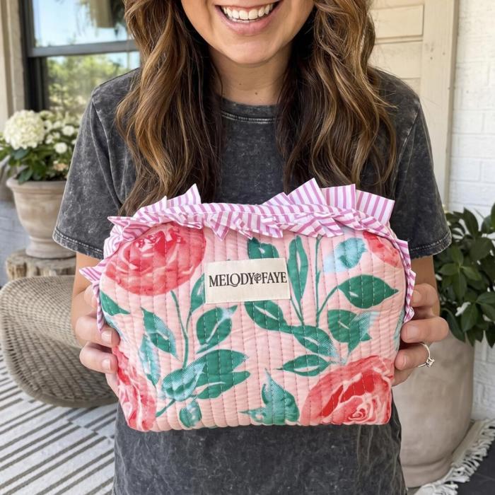 Floral Quilted Makeup Pouch with Ruffle Trim, Cotton Gingham Cosmetic Bag, Zipper Travel Organizer, Toiletry Case, Small Catch All Pouch, Gift for Her