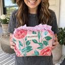  Floral Quilted Makeup Pouch with Ruffle Trim, Cotton Gingham Cosmetic Bag, Zipper Travel Organizer, Toiletry Case, Small Catch All Pouch, Gift for Her