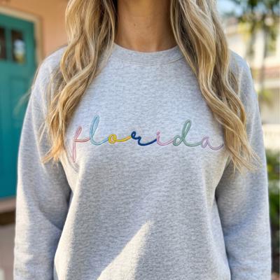 Custom Embroidered State Sweatshirt, Personalized Rainbow Script Crewneck, City Team Name Sweater, Home State Pride Gift
