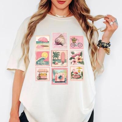 Pink Summer Beach Postcards Graphic Tee, Women’s Tropical Comfort Colors Shirt, Girly Summer Aesthetic T-Shirt, Vacation Beachwear Gift, Outfit for Summer