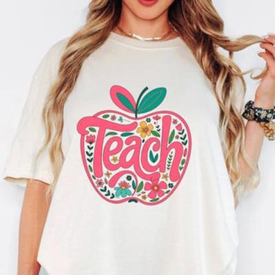 Teach Apple Graphic Tee for Women, Retro Floral Teacher Comfort Color Tee, Back to School Teacher Gift, Teacher Appreciation T-Shirt