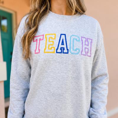 Teach Embroidered Varsity Crewneck Sweatshirt, Teacher Appreciation Gift, Cute Teacher Sweatshirt, Back to School Outfit, Teacher Life Crewneck, Gift for Teacher
