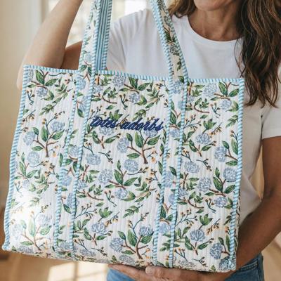 Embroidered Cotton Quilted Bag, Floral Print Tote Bag for Women, Coastal Garden Travel Bag, Handmade Shoulder Purse, Large Floral Weekender