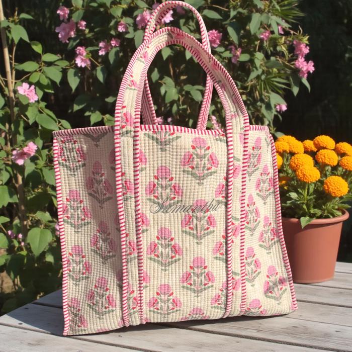 Embroidered Cotton Quilted Bag, Block Print Tote Bag for Women, Boho Travel Bag, Handmade Shoulder Purse, Large Floral Weekender, Bridesmaid