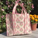 Personalized White Pink Floral Embroidered Cotton Quilted Bag, Block Print Tote Bag for Women, Boho Travel Bag, Handmade Shoulder Purse, Large Floral Weekender, Bridesmaid