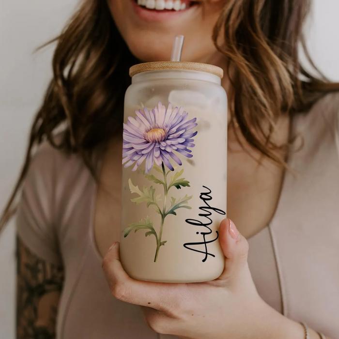 Personalized Colorful Birth Flower Coffee Cup With Name, Personalized Birth Flower Glass Tumbler, Bridesmaid Proposal, Gifts for Her Be My Bridesmaid