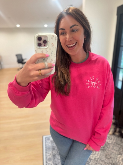 Embroidered God Is Good Sweatshirt – Minimalist Christian Crewneck with Bow Detail, Faith-Based Gift for Women