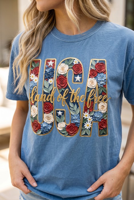 USA Gold Floral Land of the Free Graphic Tee, Patriotic Floral Shirt for Women, 4th of July Outfit, America Comfort Colors Tee, Patriotic Gift for Her