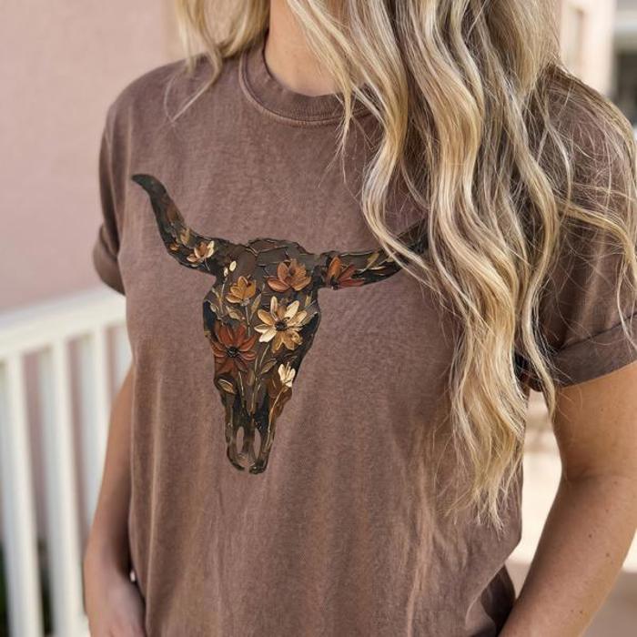 Western Floral Skull Comfort Colors Tee, Cowgirl Graphic Shirt, Country Concert Outfit, Boho Western Apparel, Gift For Her, Ranch Life Tee, Western Boutique Shirt