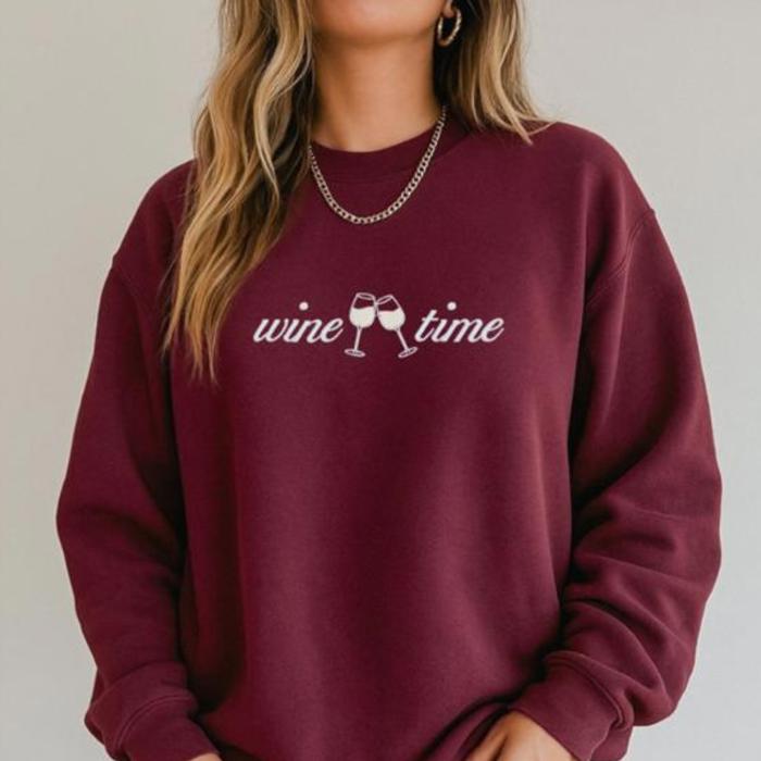 Wine Time Embroidered Sweatshirt, Wine Lover Gift, Cozy Wine Crewneck for Women, Girls Night Out Sweater, Cute Drinking Shirt