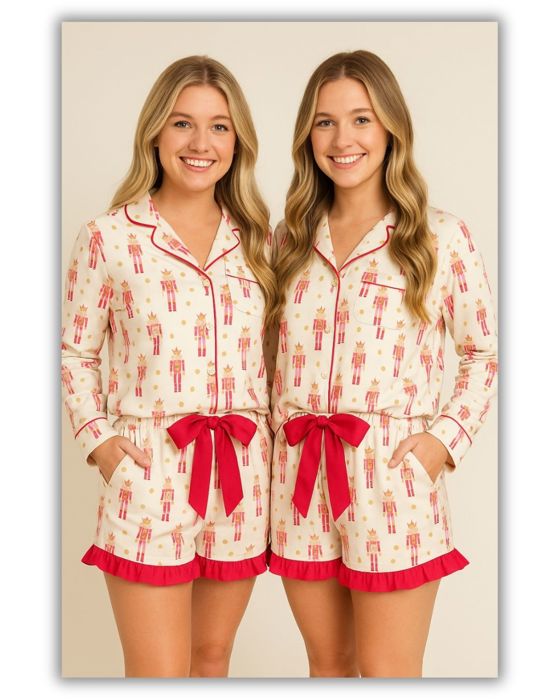Pink Nutcracker Long Sleeve Ruffled Shorts Christmas Pajama Set