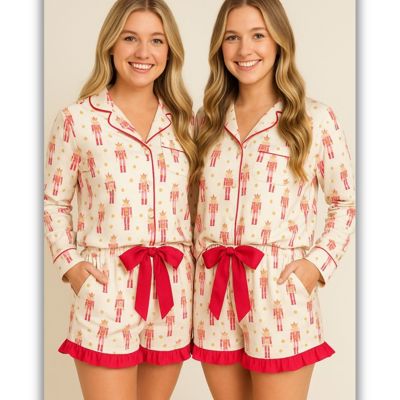Pink Nutcracker Long Sleeve Ruffled Shorts Christmas Pajama Set