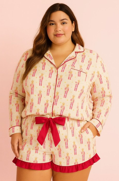 Pink Nutcracker Long Sleeve Ruffled Shorts Christmas Pajama Set
