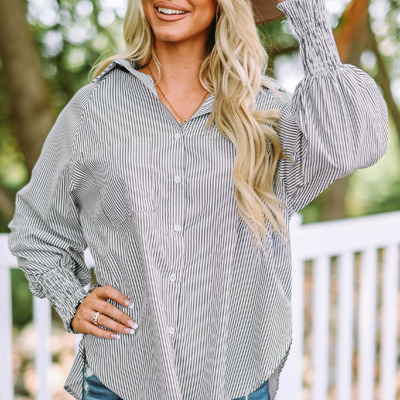 Skye Smocked Cuffed Striped Boyfriend Shirt with Pocket