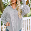  Skye Smocked Cuffed Striped Boyfriend Shirt with Pocket