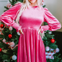  Nina Frilled Neck Smocked Bodice Velvet Dress
