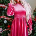 Nina Frilled Neck Smocked Bodice Velvet Dress