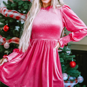  Nina Frilled Neck Smocked Bodice Velvet Dress