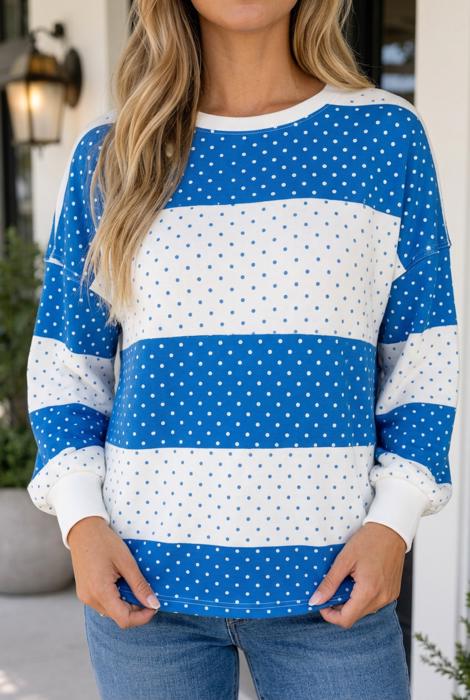 Adeline Dot Patchwork Colorblock Long Sleeve Top