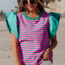  Adrianna Stripe Ruffled Sleeve Crew Neck Blouse